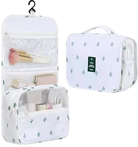 Hanging Toiletry Bag, Travel Wash Bag for Women Portable Folding Cosmetic Organizer Large Capacity Girls Makeup Bag Waterproof Shower Bag with Separate Compartment, White-Cactus
