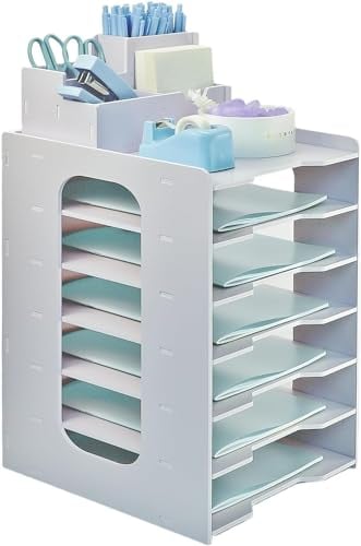 Holz Briefablage für Büro, Dokumentenablage mit Stifthalter, 7-Tier Schreibtisch Organizer Holz, Papierablage Weiß, Ablagefächer Stapelbar, Briefschublade, Büro Organizer für Büro Schule