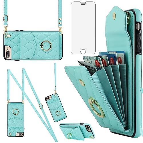 Asuwish Coque pour iPhone 7 Plus/8 Plus Portefeuille avec Verre Trempé et Anneau Support Cordon Porte Carte Chaine PU Cuir Étui Housse i 7Plus 8Plus + 7+ 8+ Antichoc Etui Téléphone Case Femme Cyan