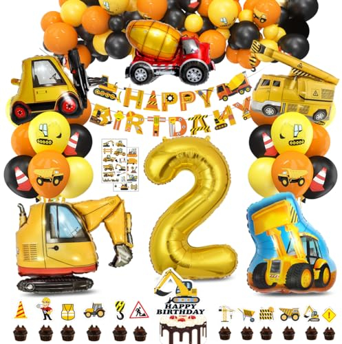 Bluelves XXL Bagger Deko Kindergeburtstag 2, Baustellen Geburtstagdeko Junge 2 Jahre, BAU Party Dekoration, Baustelle Luftballons Geburtstag mit Happy Birthday Banner