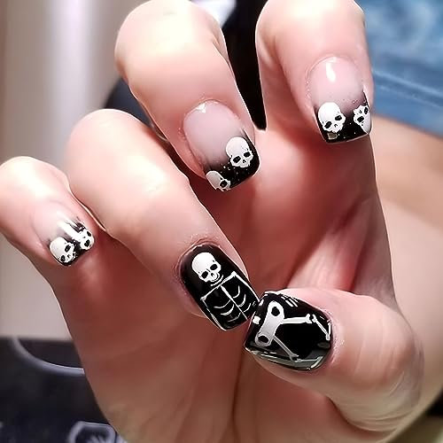 Ceboic 24 Stück Halloween Kunstnägel Nägel Zum Aufkleben Kurz Eckig, French Schwarz Press on Nails mit Schädel Designs, Acryl Künstliche Fingernägel Natürliche Falsche Nägel für Frauen