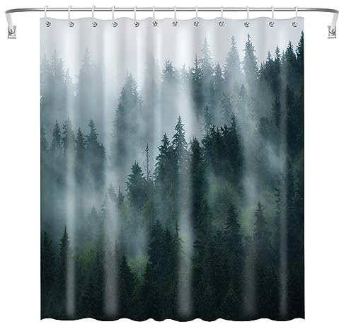 Ohok Badezimmer Duschvorhang 180 x 180 cm, wasserdichte Weihnachten Duschvorhänge mit 12 Haken, Baddekoration Badvorhang Langlebiger Polyester Badvorhang (Nebliger Wald)
