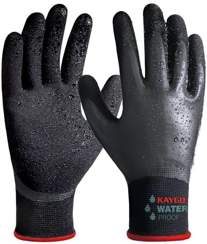 KAYGO Waterproof Work Gloves for Men and Women with Double Latex Coated, Non-Slip Super Grip for Gardening Car Washing Fish Cleaning (Black, S, 1 Pairs)