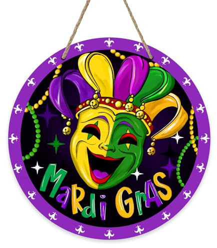 Bolisom Mardi Gras Jester Mask Front Door Sign, Beads Fleur De Lis New Orleans Carnival Wood Door Hanger Outdoor Outside Porch Decor, Masquerade Wooden Wreath Indoor Wall Hanging Decoration