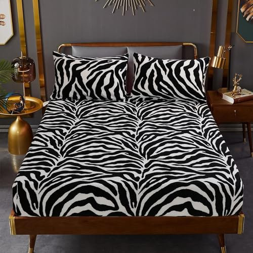 Winter Spannbettlaken 200x200 Schwarz Weiß Plüsch Warm Bettlaken Leintuch Boxspringbett Frottee Kuschelige Leopardenmuster Spannbetttücher Leintuch 200 x 200 für Hohe Matratze Steghöhe 25-30cm