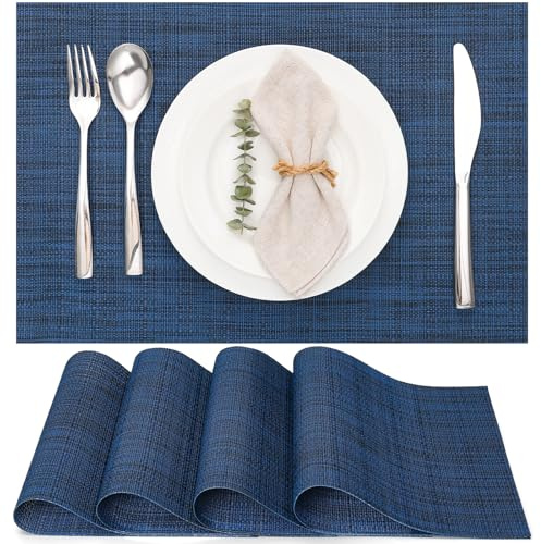 Myir JUN Tischsets abwaschbar Tischsets Platzsets abwaschbar Platzdeckchen | Gewebte Platzset 4er Set rutschfest hitzebeständig Vinyl für Küche Speisetisch Hotel Platz-Matten 30x43.5cm (Blau 2)