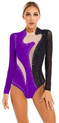 MSemis Damen Body mit Bein Langarm Body Stehkragen Top Gymnastikanzug Elastische Sport Turnbody Ballettanzug Tanz-Body Leotards Schwarz & Lila M