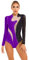 MSemis Damen Body mit Bein Langarm Body Stehkragen Top Gymnastikanzug Elastische Sport Turnbody Ballettanzug Tanz-Body Leotards Schwarz & Lila M