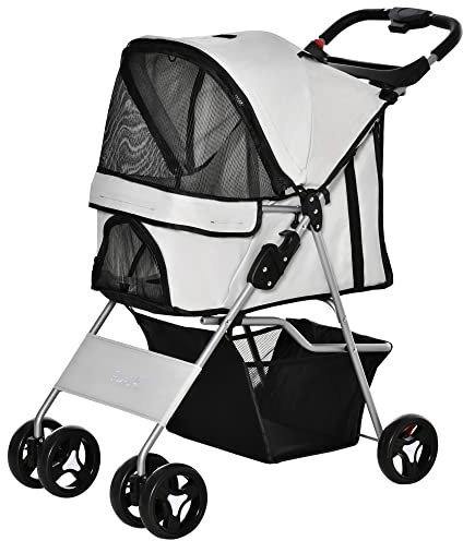 PawHut Passeggino per Cani Piccoli Pieghevole, Carrozzina per Cani con Ruote con Freni, Portabicchieri, Cestino Portaoggetti, 3 Finestre e Ruote Anteriori a 360°, per Animali Domestici 10 kg, Grigio