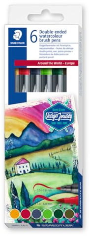 STAEDTLER Doppelfasermaler wasservermalbar, für Aquarell-Effekte, zwei Linienbreiten, feine Spitze und breite Pinselspitze, Kartonetui mit 6 brillanten Farben, 3001 C6-1