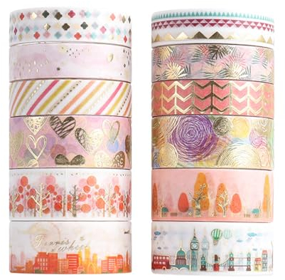 Fadcaer Lot de 12 rouleaux de ruban adhésif Washi coloré pour bricolage, scrapbooking, artisanat, masquage, emballage décoratif, ruban adhésif japonais en feuille d'or po