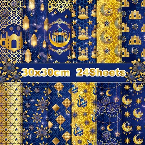 24 Blatt Eid Mubarak Scrapbooking Papier Ramadan Dekorpapier Bastelpapier Block mit Muster Eid Geschenkpapier 30x30cm Mond Stern Decoupage Papier Dekorativ Motivpapier für DIY Kartenherstellung