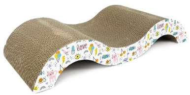 Record Poteau à gratter Love & Fun – Griffoir en Carton avec Herbe à Chat – Structure en Forme de Vague 49,5 x 9 x 23h cm – Jouet et Niche résistante et Recyclable – Couleur La Havane
