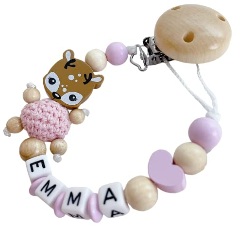 personalisierte Kette mit Namen für für Mädchen in Rosa oder Junge in Blau Baby Geschenk personalisiert zur Geburt & Taufe Reh & Herz (Rosa mit Herz)
