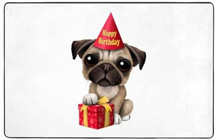 OPSREY Niedlicher Happy Birthday Mops Welpe bedruckter Teppich, weicher Teppich, rutschfeste Bodenmatte, flauschig, dekorativer Teppich für den Innenbereich