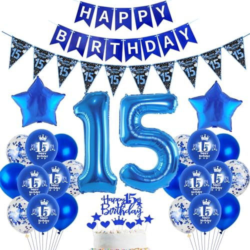 Blau Luftballon 15. Geburtstag Dekoration Blau Tortendeko 15. Geburtstag Junge Geburtstagsdeko 15 Jahre Junge Folienballon 15 Ballon 15