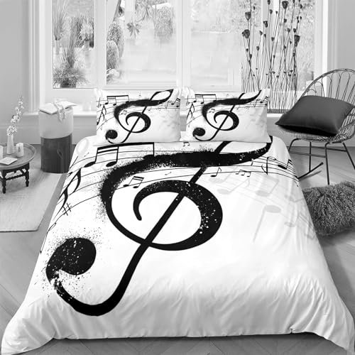 Bettwäsche 220x240 Musiknoten 3D Muster Musik Bettwäsche-Sets 3 Teilig Weiche Microfaser Bettbezug Set mit Reißverschluss und 2 Kissenbezug 80x80 cm H2637