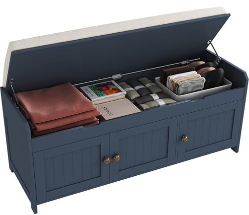 HOME BI Shoe Bench with Lift Top Storage, Entryway Storage Bench with Cushioned Seats, Shoe Rack Bench with 3-Door Cabinet for Entryway, Bedroom, Living Room,Blue