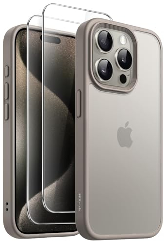 JETech 3 in 1 Cover Opaca per iPhone 15 Pro 6,1 Pollici con Pacco da 2 Vetro Temperato Pellicola Protettiva, Traslucida Glassato Antiurto Cellulare Custodia (Titanio Naturale)