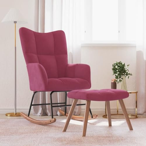 Wilood Schaukelstuhl Sessel Relaxsessel Schaukelsessel Wohnzimmersessel mit Hocker Samt Weißrot