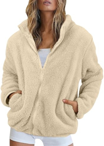 Fleecejacke Damen Rollkragen Sweatjacke Damen Zipper Teddyjacke Einfarbig Teddy Mantel Jacke Winter Plüschjacke Casual Kuscheljacke Frauen Flauschig Mit Taschen Winterjacke Warm Pullover