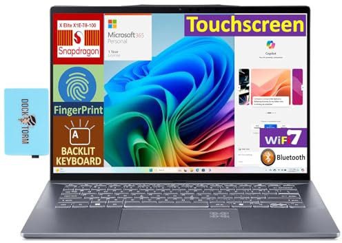 acer Swift 14 AI Powered Laptop 14.5 Écran tactile IPS WQXGA (Qualcomm Snapdragon X Elite X1E-78-100, 16 Go LPDDR5X, SSD PCIe 2 To, Win 11 Pro) avec MS 365 Personnel, DKZ Port Expander