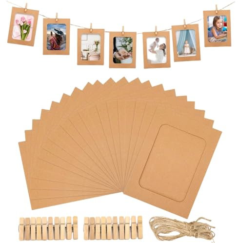 Zhenghebuy Lot de 20 cadres photo en carton 10,2 x 15,2 cm décoration intérieur bureau, murale avec 20 clips bois, corde chanvre