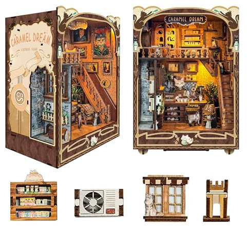 CUTEROOM DIY Booknook Modellbausatz – Miniatur-Bücherecke mit LED-Beleuchtung, Holzpuzzle für Erwachsene, Perfekte Regal-Deko und Bastelprojekt (Caramel Dream)
