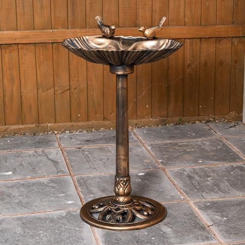 Samuel ALEXANDER 81cm Bronze Effect Garden Patio Bird Bath with Bird Sculptures- Clam Shell Pedestal Birdbath,Rustic Metal Effect, Standing Outdoor Water Bowl Feeder