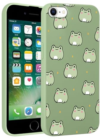 Phoona Cute Green Frog Print Phone Case for iPhone 8/SE 2022/7/SE 2020 4.7, with Aesthetics Pattern Design Soft TPU Silicone Cases, Shockproof Bumper Protector Camera Girls Women Cover, for iPhone 7