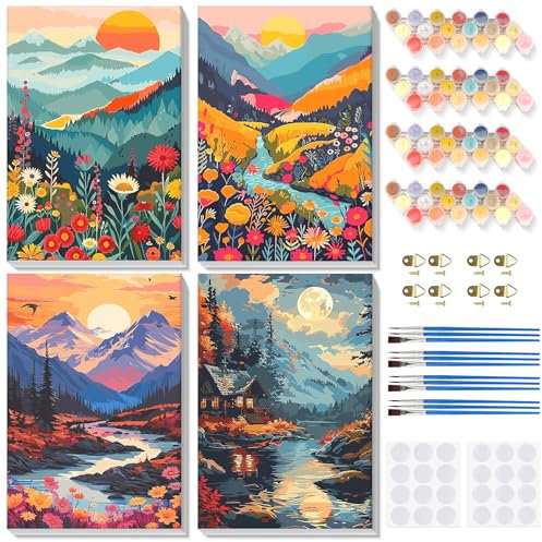 Lxmsja 4 Pièces Paysage Peinture Numero Adulte avec Cadre, Peinture par Numero Montagne, Peinture Acrylique Numéro d'art avec 3 Pinceaux, Loisirs Créatifs Adultes, Activité Manuelle Adulte, 20x30cm