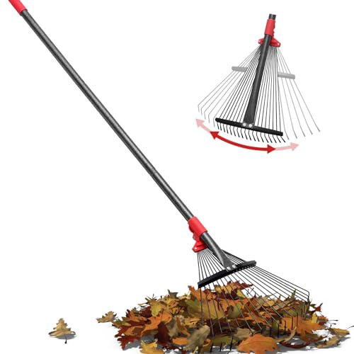 Rechen für Laub – Metall-Laubbesen für Rasen und schmale Beete mit erweiterbarem Kopf, 22,9–43,2 cm, 190,5 cm, verstellbarer langer Griff für Kinder und Erwachsene, keine Schmerzen, Gartenarbeit