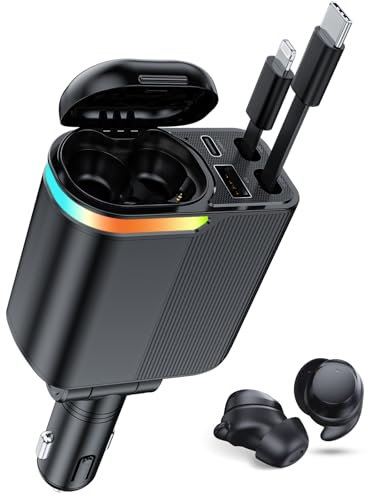 ofottofo Cargador Coche con Auriculares Bluetooth, 4 en 1 Retráctil USB C Cargador Mechero Coche Carga Rápida, 120W Accesorios Coche Interior Compatible con iPhone Xiaomi Samsung