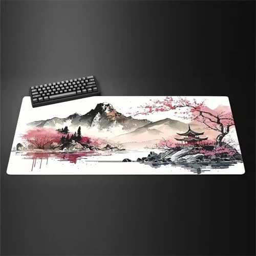 Tapis de Souris Gaming XXL 600x400x2 mm Grand Tapis de Souris de Jeu Tapis de Bureau Grande Taille avec Base Anti-érapante et Bords Cousus Extra Large Gamer Mouse Pad (Peinture L'Encre Japon)
