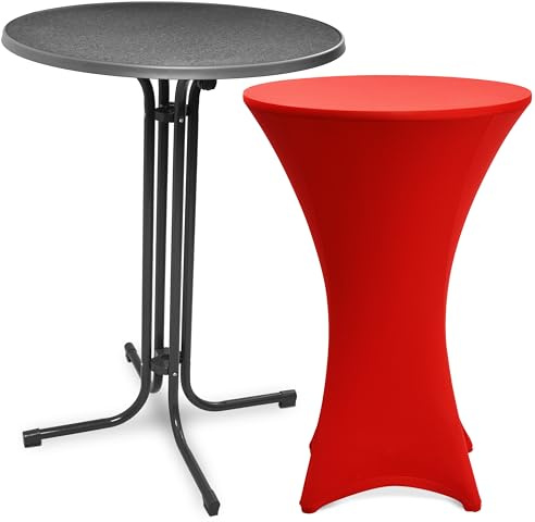 Beautissu Stehtisch klappbar 80cm mit Stretchhusse Outdoor Bistrotisch | Grau Rot rutschfest waschbar und bügelfrei kratzfest wetterfest Hussen Klappbarer Partytisch Gartentisch Bellini & Stella