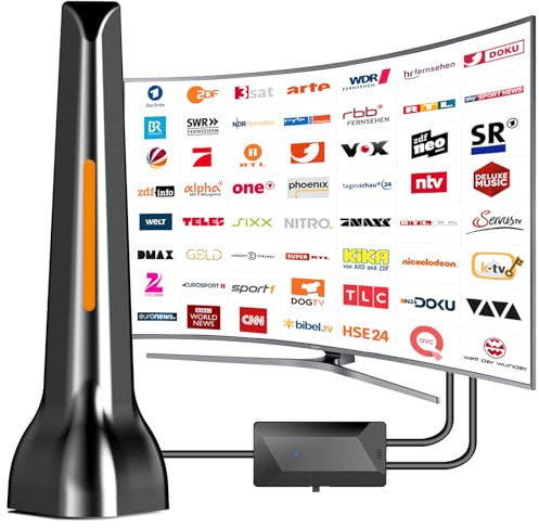 DVBt-T/DVB-T2 Antenne,DVBT2 Antennen mit Verstärker Großer Reichweite und 360° Empfang, Zimmerantenne für Fernseher mit Starkem Magnetfuß,-Unterstützt 4K 1080P - Alle TV-Geräte DAB/UHF/VHF