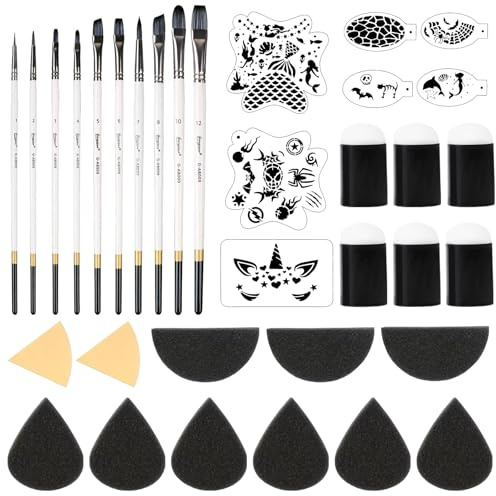 QZLSAYSL Face Painting Brushes and Sponges Face Paint Brush Set 32pcs | Face Painting Sponges，Face Paint Brushes for Acrylic Painting Oil Watercolor Gouache Art Supplies for Artists and Beginners