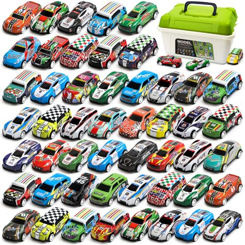 Varrotoy 50 Stück Rückziehautos für Kinder mit Aufbewahrungsbox, Auto Spielzeug Set, Metall Spielzeugautos, Autos Zurückziehen Fahrzeuge, Weihnachten Geburtstag Party Geschenk für Kinder ab 3 4 5 6