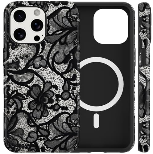 Yoedge Magnetisch Handyhülle für iPhone 15 Pro Hülle Spitze Blumen Muster | Aesthetic Schwarz Lace Design Case für Frauen Mädchen, Kompatibel mit MagSafe, Dünn Silikon Kratzfest Schutzhülle Cover, 01