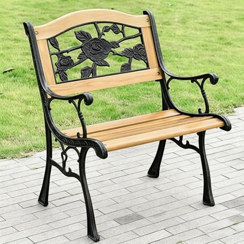 Parkbank mit floralem Design Rückenlehne und Armlehnen, Holzlatten Sitzgelegenheit mit Gusseisenbeinen für Garten, Veranda, Park und Lounge