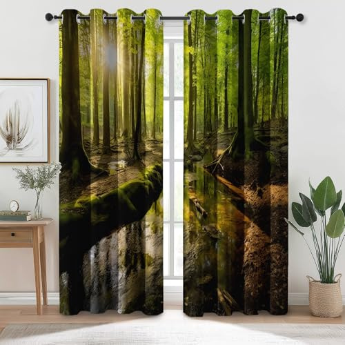 Wald Vorhänge Blickdicht 2er Set H166 x B75 cm, Verdunkelungsgardinen mit Thermo-Effekt, Naturmotiv Fenster Vorhänge mit Ösen, HD Digitaldruck, Lichtschutz für Schlafzimmer Wohnzimmer Kinderzimmer