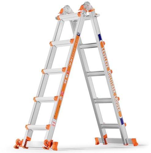 Multiple Positions 5 Step Ladder, 5.1m Sliding Ladder with Stabiliser and Wheels, 150 kg Safety Load, One Frame Ladder for Stairs, Home, Indoor, Outdoor, Roof
