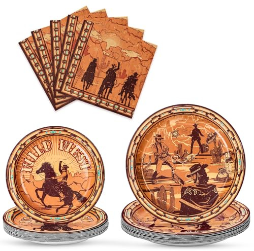 WERNNSAiWestern Party Deko – 48 Teiliges Cowboy Teller und Servietten Set Kindergeburtstage Rodeo Geburtstagparty Geschirr Wildwest Tischdeko Junggesellinnenabschiede Dekoration 16 Gäste Jungn