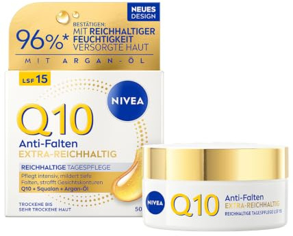 NIVEA Q10 Anti-Falten Gesichtscreme mit LSF 15, straffende Gesichtspflege mit Q10, Bio Argan-Öl und Squalan, Tagescreme für sehr trockene Haut, EXTRA-REICHHALTIG Reichhaltige Tagespflege (50 ml)