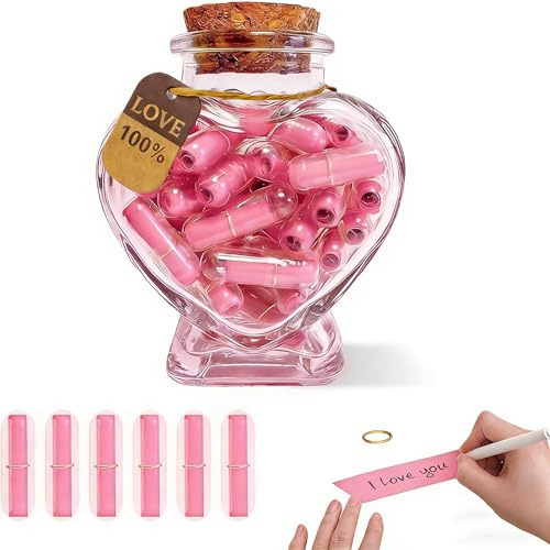 50PCS Love Capsule Letters in Heart Shaped Glass Jar, Pink DIY Personalised Message in a Bottle Gift for Him/Her, Romantic Keepsake for Boyfriend Girlfriend Valentine's Day Anniversary Birthday