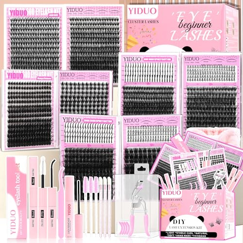 YIDUO 8 Styles Mix Lashes Clusters Kit 4 Box 3D Cluster Lash Book Kit with Bond&Seal 1946Pcs 100D/200D/300D Fluffy Manga Eyelash Extension Gift Packs for Beginners Bulk Pack DIY at Home Easily