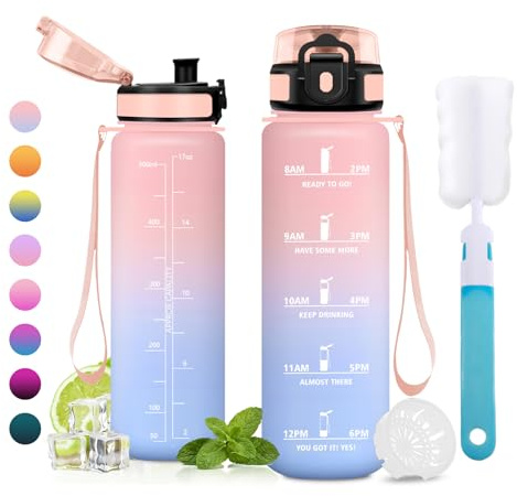 JAPORIA Sportflasche 500ml, Auslaufsicher, Trinkflasche mit Zeitmarkierung und Filter, Trinkflasche Kohlensäure Geeignet, BPA-frei Wasserflasche für Schule, Outdoor, Fitness