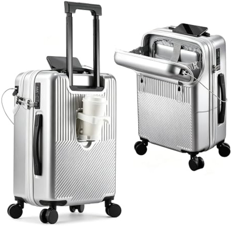 20 Inch Carry On Luggage with Front Opening Laptop Compartment, Cabin Suitcase with Foldable Cup Holder & USB Charging Port, 360° Spinner Wheels Hard Shell Hand Luggage for Business Travel
