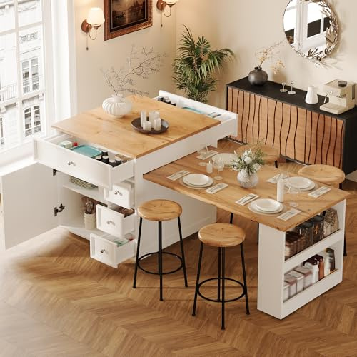 Ktipm Isla Cocina con Mesa Extensible y Almacenaje, Isla de Cocina con Ruedas y 5 Cajones, Mueble Auxiliar de Cocina con Estantes Ajustables y Compartimento, Kitchen Island, 120-184x70x94 cm, Blanco