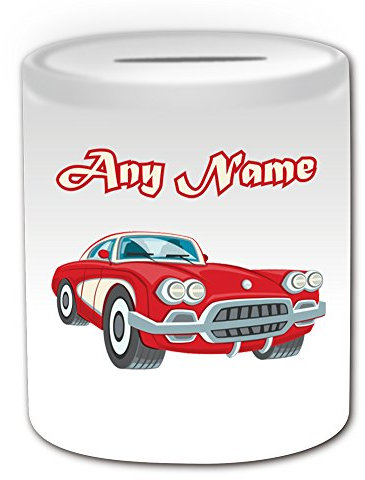 Personalised Gift - Red Vintage Race Car Money Box (Transport Design Theme, White) - Any Name / Message on Your Unique - Saving Piggy Bank - Passenger Vehicle Automobile Sportscar Classic Retro Old Fashioned Sports Antique Driver
